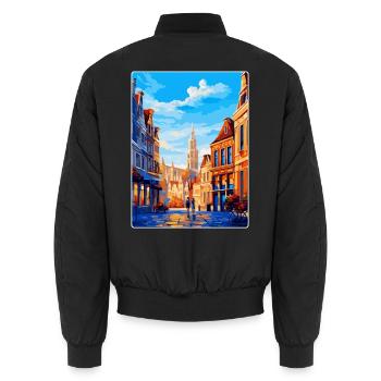 Brussels Belgium Vintage Travel Poster Souvenir - Unisex Bomber Jacket - black - Back - AI Model Male 185 light (185cm)