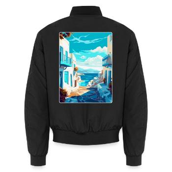 Mykonos Griechenland Vintage Reiseplakat Souvenir WPA - Unisex Bomberjacke - Schwarz - Hinten - AI Model Male 185 light (185cm)