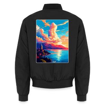 Neuchâtel Suisse Affiche de voyage vintage WPA - Bomber unisexe - noir - Dos - AI Model Male 185 light (185cm)