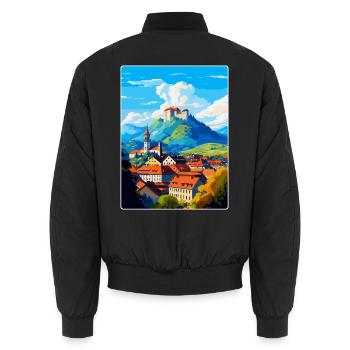 Ljubljana Slowenien Vintage Reiseplakat Souvenir - Unisex Bomberjacke - Schwarz - Hinten - AI Model Male 185 light (185cm)