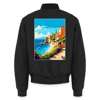 Costa Brava Spain Vintage Travel Poster Souvenir - Unisex Bomber Jacket - black - Back - AI Model Male 185 light (185cm)