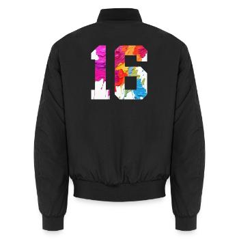 FARBIG NUMMER 16 BUNT 16. GEBURTSTAG - Unisex Bomberjacke - Schwarz - Hinten - AI Model Male 185 light (185cm)
