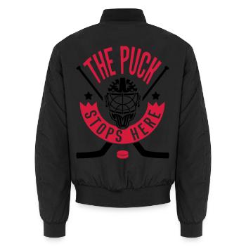 Hockey Goalie Design - The Puck Stops Here   - Unisex Bomber Jacket - black - Back - AI Model Male 185 light (185cm)