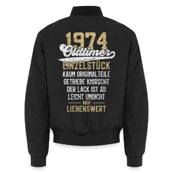 LUSTIG 52. GEBURTSTAG OLDTIMER 1974 EINZELSTÜCK - Unisex Bomberjacke - Schwarz - Hinten - AI Model Male 185 light (185cm)