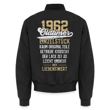 LUSTIG 64. GEBURTSTAG OLDTIMER 1962 EINZELSTÜCK - Unisex Bomberjacke - Schwarz - Hinten - AI Model Male 185 light (185cm)