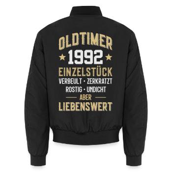 LUSTIG 34. GEBURTSTAG OLDTIMER 1992 EINZELSTÜCK - Unisex Bomberjacke - Schwarz - Hinten - AI Model Male 185 light (185cm)