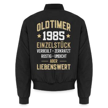 LUSTIG 41. GEBURTSTAG OLDTIMER 1985 EINZELSTÜCK - Unisex Bomberjacke - Schwarz - Hinten - AI Model Male 185 light (185cm)