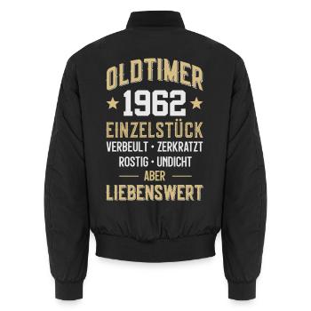 LUSTIG 64. GEBURTSTAG OLDTIMER 1962 EINZELSTÜCK - Unisex Bomberjacke - Schwarz - Hinten - AI Model Male 185 light (185cm)