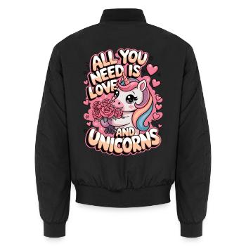 Alles, was du brauchst, ist Liebe und Einhörner - Unisex Bomberjacke - Schwarz - Hinten - AI Model Male 185 light (185cm)