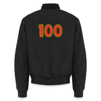 100. 100 YEARS. 100th ANNIVERSARY. 100 BIRTHDAY - Unisex Bomber Jacket - black - Back - AI Model Male 185 light (185cm)