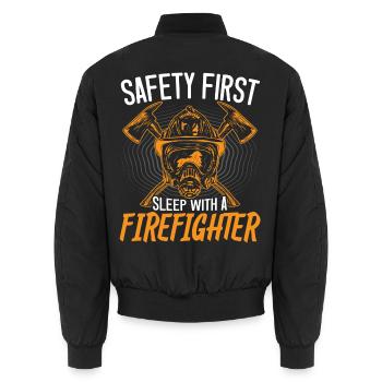 Sicherheit geht vor Schlafen mit einem Feuerwehrma - Unisex Bomberjacke - Schwarz - Hinten - AI Model Male 185 light (185cm)