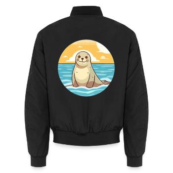 Siegel Aquarell Cartoon Kawaii Clipart Tier - Unisex Bomberjacke - Schwarz - Hinten - AI Model Male 185 light (185cm)