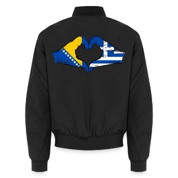 Bosnien Griechenland Flagge Hände Herzform used - Unisex Bomberjacke - Schwarz - Hinten - AI Model Male 185 light (185cm)