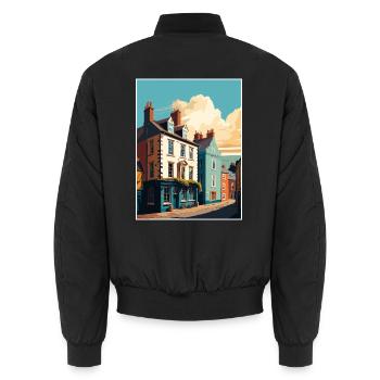 Hay On Wye Welsh Vintage Reiseposter Souvenir - Unisex Bomberjacke - Schwarz - Hinten - AI Model Male 185 light (185cm)