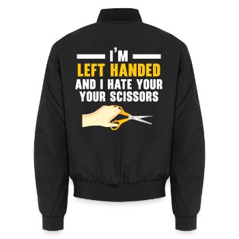Ich bin Linkshänderin und hasse deine Schere - Unisex Bomberjacke - Schwarz - Hinten - AI Model Male 185 light (185cm)