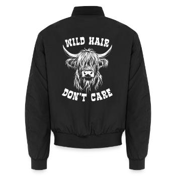 Hochland Rind - Wild Hair Don't Care - Spruch - Unisex Bomberjacke - Schwarz - Hinten - AI Model Male 185 light (185cm)