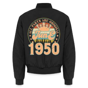 Juni 1950. Juni 1950 Geburtstagsgeschenk. Juni - Unisex Bomberjacke - Schwarz - Hinten - AI Model Male 185 light (185cm)