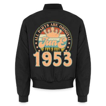 Juni 1953. Juni 1953 Geburtstagsgeschenk. Juni - Unisex Bomberjacke - Schwarz - Hinten - AI Model Male 185 light (185cm)