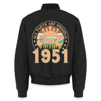 Juni 1951. Juni 1951 Geburtstagsgeschenk. Juni - Unisex Bomberjacke - Schwarz - Hinten - AI Model Male 185 light (185cm)