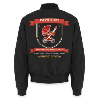 Papa 2027 – Kinderwagen Profifahrer Werdender Papa - Unisex Bomberjacke - Schwarz - Hinten - AI Model Male 185 light (185cm)