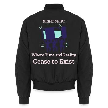 Nachtschicht: Zeit und Realität stehen zum Stillstand - Unisex Bomberjacke - Schwarz - Hinten - AI Model Male 185 light (185cm)