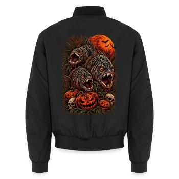 halloween-piranha-horror-monster-tshirt-pumpkin - Unisex Bomberjacke - Schwarz - Hinten - AI Model Male 185 light (185cm)