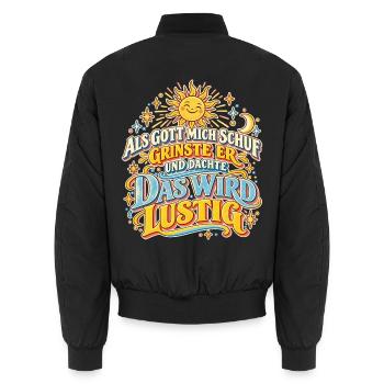 Als Gott mich schuf – Retro Spruch - Unisex Bomberjacke - Schwarz - Hinten - AI Model Male 185 light (185cm)