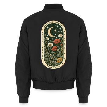 Slower Days, Kinder Minds – Mond & Wildblumen - Unisex Bomberjacke - Schwarz - Hinten - AI Model Male 185 light (185cm)