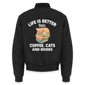 Ein besseres Leben mit Kaffee, Katzen und Büchern - Unisex Bomberjacke - Schwarz - Hinten - AI Model Male 185 light (185cm)