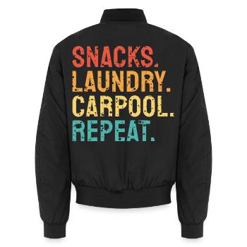 Snacks, Wäsche, Fahrgemeinschaft, Wiederholung - Unisex Bomberjacke - Schwarz - Hinten - AI Model Male 185 light (185cm)