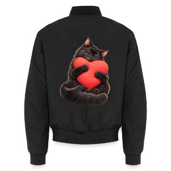 Schwarze Katze mit Herzkissen – Liebe auf Pfoten - Unisex Bomberjacke - Schwarz - Hinten - AI Model Male 185 light (185cm)