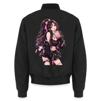 Gothic und Bubble Tea – Pinkes Anime-Motiv - Unisex Bomberjacke - Schwarz - Hinten - AI Model Male 185 light (185cm)