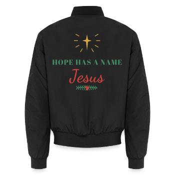 Hope Has a Name: Jesus – Christian - Unisex Bomberjacke - Schwarz - Hinten - AI Model Male 185 light (185cm)