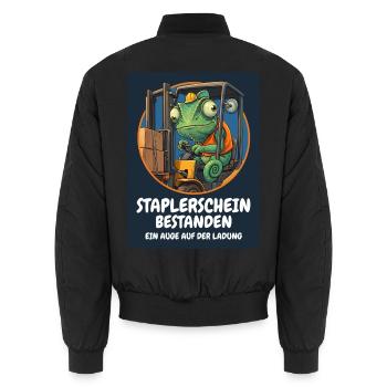 Staplerschein bestanden – Chamäleon am Stapler - Unisex Bomberjacke - Schwarz - Hinten - AI Model Male 185 light (185cm)