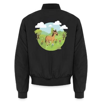Pferd Pony auf Blumenwiese Mädchen Frauen Babys - Unisex Bomberjacke - Schwarz - Hinten - AI Model Male 185 light (185cm)