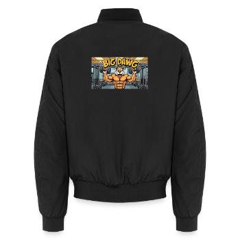 A funny cartoon style dog lifting dumbbells at - Unisex Bomberjacke - Schwarz - Hinten - AI Model Male 185 light (185cm)