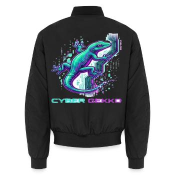Cyber Gekko – Neon Circuit Echse - Unisex Bomberjacke - Schwarz - Hinten - AI Model Male 185 light (185cm)