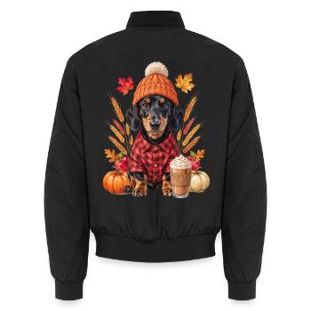 Dackelwelpe mit Mütze, Kürbissen und Latte - Unisex Bomberjacke - Schwarz - Hinten - AI Model Male 185 light (185cm)