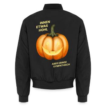 Innen etwas hohl, aber grinse sympathisch - Kürbis - Unisex Bomberjacke - Schwarz - Hinten - AI Model Male 185 light (185cm)