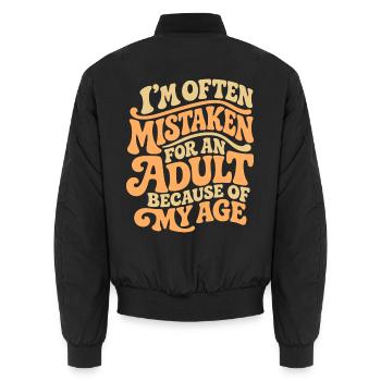 Ich werde oft für einen Erwachsenen MIstaken wegen meines Alters - Unisex Bomberjacke - Schwarz - Hinten - AI Model Male 185 light (185cm)
