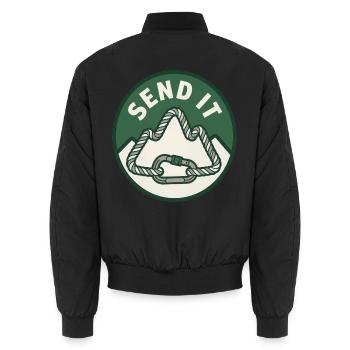Senden Sie es oder bereuen Sie es – Abenteuerabzeichen - Unisex Bomberjacke - Schwarz - Hinten - AI Model Male 185 light (185cm)