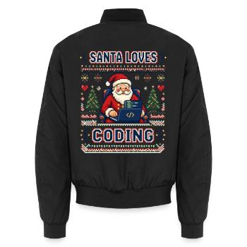 Santa Loves Coding – Pixel Ugly Sweater Look - Unisex Bomberjacke - Schwarz - Hinten - AI Model Male 185 light (185cm)