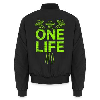 One Life Alien UFO Neon Grün - Unisex Bomberjacke - Schwarz - Hinten - AI Model Male 185 light (185cm)