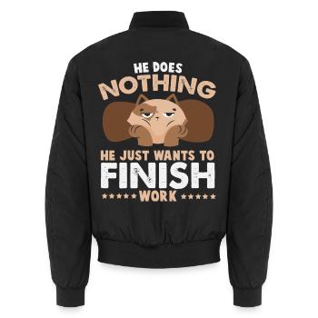 He Just Wants To Finish Work – Grummel Katze - Unisex Bomberjacke - Schwarz - Hinten - AI Model Male 185 light (185cm)