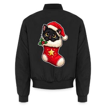 Schwarzes Weihnachtskätzchen in einer Pixel-Art-Socke - Unisex Bomberjacke - Schwarz - Hinten - AI Model Male 185 light (185cm)