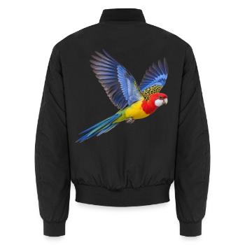 Prachtrosella im Flug – Sittich in bunten Farben - Unisex Bomberjacke - Schwarz - Hinten - AI Model Male 185 light (185cm)
