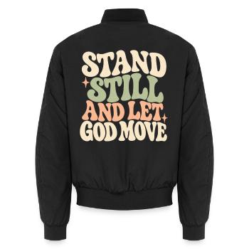 Groovy Amen Steh still und lass Gott sich bewegen - Unisex Bomberjacke - Schwarz - Hinten - AI Model Male 185 light (185cm)