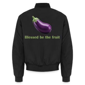 Gesegnet sei die Frucht – Spaß-Shirt! - Unisex Bomberjacke - Schwarz - Hinten - AI Model Male 185 light (185cm)