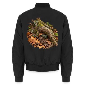 Unter der Wurzel – Versteckte Cache-Dose - Unisex Bomberjacke - Schwarz - Hinten - AI Model Male 185 light (185cm)