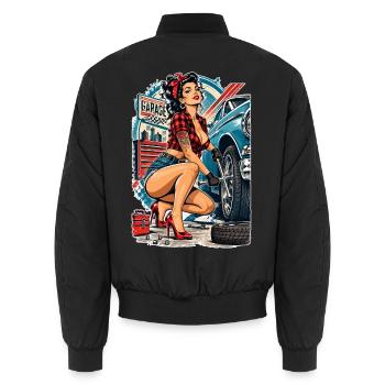 Rockabilly Pinup Girl: Reifenwechsel in High Heels - Unisex Bomberjacke - Schwarz - Hinten - AI Model Male 185 light (185cm)